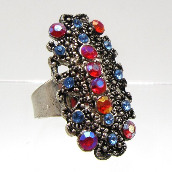 Red & blue rhinestone cocktail ring size 8 - 9 NEW - Picture 1 of 12